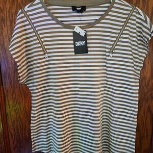 DKNY Women's Striped Zipper-Trim Crewneck T-Shirt